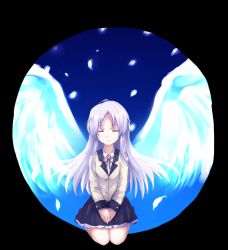 Rule 34 | 10s, 1girl, angel beats!, angel wings, closed eyes, female focus, full body, gradient background, kneeling, outside border, own hands clasped, own hands together, round image, school uniform, solo, tenshi (angel beats!), tokoro (1969), transparent background, wings