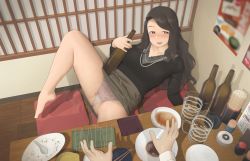 Rule 34 | 1girl, :d, barefoot, beer bottle, black eyes, black hair, blush, bowl, breasts, chopsticks, cup, cushion, drunk, grey skirt, highres, indoors, medium breasts, mole, mole on thigh, open mouth, original, panties, plump, poster (object), restaurant, ryokucha michi, shadow, skirt, smile, soy sauce, spoon, sweater, thighs, underwear, white panties