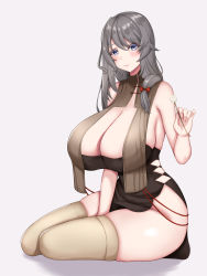 Rule 34 | 1girl, absurdres, azur lane, bare shoulders, bow, breast curtains, breasts, brown thighhighs, charybdis (azur lane), charybdis (red chamber of healing) (azur lane), cleavage, comotaro, grey background, grey hair, hair bow, highres, huge breasts, leotard, leotard under clothes, long hair, looking at viewer, mimikaki, official alternate costume, pelvic curtain, purple eyes, red bow, simple background, sitting, skindentation, sleeveless, smile, solo, thighhighs, thighs