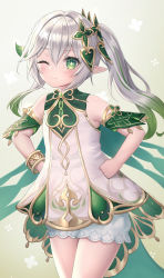 Rule 34 | 1girl, armlet, bad id, bad twitter id, bare shoulders, bloomers, bracer, braid, closed mouth, colored tips, cross-shaped pupils, detached sleeves, dress, genshin impact, gradient background, gradient hair, green background, hair ornament, hands on own hips, highres, leaf hair ornament, long hair, looking at viewer, multicolored hair, nahida (genshin impact), one eye closed, pointy ears, ponytail, seungju lee, short shorts, shorts, sidelocks, smile, solo, streaked hair, symbol-shaped pupils, thighs, two-tone hair, underwear, white bloomers, white dress, white hair, white shorts