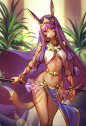 Rule 34 | 1girl, bracelet, breasts, dark skin, dark-skinned female, egyptian, egyptian clothes, fate/grand order, fate (series), highres, jewelry, light smile, long hair, looking at viewer, low-tied long hair, medium breasts, midriff, navel, nitocris (fate), purple eyes, purple hair, solo, staff, thighs, underboob, very long hair, wide hips, yoshimo (yoshimo1516)