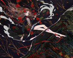 Rule 34 | 1girl, bare tree, barefoot, black dress, branch, closed mouth, commentary, dress, floating, flower, fog, grey eyes, grey hair, hand up, holding, holding flower, long hair, long sleeves, looking at viewer, mo (mocopo), original, rose, solo, thorns, tree