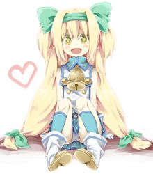 Rule 34 | 1girl, arc system works, bad id, bad pixiv id, bell, blazblue, blazblue: continuum shift, blonde hair, blush, bow, gloves, green eyes, hair bow, hairband, heart, heart-shaped pupils, highres, long hair, low-tied long hair, meta-kusuri, open mouth, panties, pantyshot, platinum the trinity, quad tails, ribbon, sitting, skirt, smile, solo, symbol-shaped pupils, twintails, two side up, underwear, upskirt, very long hair, white panties