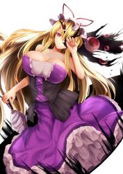 Rule 34 | &gt;:(, 1girl, adapted costume, bare arms, bare shoulders, blonde hair, breasts, cleavage, closed mouth, closed umbrella, collarbone, corset, dress, frown, gap (touhou), hair between eyes, hat, hat ribbon, highres, holding, holding umbrella, large breasts, long hair, looking at viewer, mob cap, one eye covered, petticoat, purple dress, red eyes, red ribbon, ribbon, sidelocks, sinkai, solo, strapless, strapless dress, touhou, umbrella, v-shaped eyebrows, very long hair, yakumo yukari