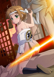 Rule 34 | age difference, ass, back, bare shoulders, breasts, brown hair, cardcaptor sakura, censored, clothes lift, cloud, expressionless, fundoshi, green eyes, group sex, hetero, highres, indoors, japanese clothes, kinomoto sakura, looking to the side, male pubic hair, mature male, mmf threesome, mosaic censoring, nipples, penis, penis grab, pubic hair, purple hair, sex, shiny skin, shirt lift, size difference, small breasts, threesome, tooo
