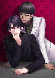 Rule 34 | 2boys, black hair, black suit, blue eyes, elbows on table, formal, green neckwear, grey eyes, indoors, kurakichi36, leaning forward, lee seung-gil, male focus, multiple boys, necktie, parted bangs, phichit chulanont, shadow, sitting, suit, table, thick eyebrows, wallpaper (object), white suit, yuri!!! on ice