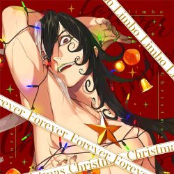 Rule 34 | 1boy, arm behind head, ashiya douman (fate), bell, black hair, christmas lights, dilated pupils, fate/grand order, fate (series), green lips, green nails, jewelry, lipstick, looking at viewer, makeup, male focus, multicolored hair, nail polish, necklace, nude, pako (pakosun), red background, simple background, solo, split-color hair, star (symbol)