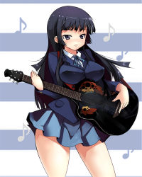 Rule 34 | 00s, 1girl, akiyama mio, bad id, bad pixiv id, bass guitar, breasts, impossible clothes, impossible shirt, instrument, ippongui, k-on!, large breasts, left-handed, long hair, musical note, ovation guitar, school uniform, shirt, solo