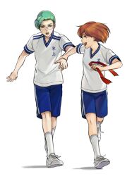 Rule 34 | 1boy, 1girl, aqua eyes, asymmetrical bangs, blue shorts, brown eyes, brown hair, clothes writing, full body, glasses, green eyes, gym uniform, hand up, hands up, happy, hikami itaru, holding, holding another&#039;s wrist, holding ribbon, kneehighs, looking at another, looking back, open mouth, outstretched arm, piyo, profile, protagonist (tokimemo gs2), pulling, red ribbon, ribbon, running, shirt, shoe soles, shoes, short hair, short sleeves, shorts, simple background, sneakers, socks, sweat, tokimeki memorial, tokimeki memorial girl&#039;s side 2nd kiss, white background, white footwear, white shirt, white socks