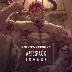 Rule 34 | 1boy, abs, agielba, bara, biceps, chest tattoo, clothing aside, cow boy, cow horns, cowboy shot, draph, erection, facial hair, flexing, from below, goatee, granblue fantasy, green eyes, highres, horns, large pectorals, leg hair, male focus, male underwear, male underwear aside, mature male, muscular, muscular male, mutton chops, navel, navel hair, nipples, onionworkshop, out-of-frame censoring, paid reward available, pectorals, pencil mustache, penis grab, red hair, sauna, short hair, sideburns, skindentation, solo, sparse navel hair, steam, stomach, sweat, tattoo, thick thighs, thighs, topless male, uncensored, underwear, veins, veiny pectorals, very sweaty, white male underwear