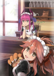 Rule 34 | 2girls, :t, absurdres, alternate costume, animal ears, animal hands, apron, asymmetrical horns, bell, blue eyes, braid, breasts, collar, detached sleeves, dragon girl, dress, elizabeth bathory (fate), elizabeth bathory (fate/extra ccc), enmaided, fang, fate/grand order, fate (series), fox ears, grey eyes, hair ribbon, highres, horns, large breasts, long hair, looking at viewer, maid, maid apron, maid headdress, multiple girls, neck bell, open mouth, pink hair, pointy ears, ribbon, tamamo (fate), tamamo cat (fate), tamamo cat (second ascension) (fate), tamamo no mae (fate/extra), uneven horns, waist apron, yonago miko