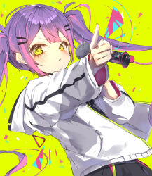Rule 34 | 1girl, abstract background, black pants, blush, character name, earrings, ememo, hair ornament, hairclip, highres, holding, holding microphone, hololive, hood, hoodie, jacket, jewelry, microphone, multicolored hair, open clothes, open jacket, pants, pointing, puffy sleeves, purple hair, single earring, solo, tokoyami towa, twintails, two-tone hair, virtual youtuber, white hoodie, yellow background, yellow eyes