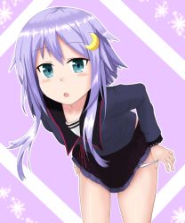 Rule 34 | 10s, 1girl, ama (ama zumi3), blue eyes, blush, crescent, crescent hair ornament, hair ornament, highres, kantai collection, leaning forward, open mouth, panties, panty pull, purple hair, school uniform, serafuku, short hair, short hair with long locks, simple background, skirt, solo, striped, striped background, underwear, undressing, yayoi (kancolle)