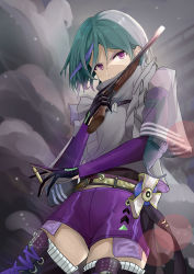 Rule 34 | 1girl, absurdres, ammunition, belt, boots, bullet, commentary, commentary request, contender (girls&#039; frontline), cowboy shot, detached sleeves, girls&#039; frontline, gloves, grey hair, gun, handgun, highres, holding ammunition, multicolored hair, pistol, purple eyes, rifle-caliber handgun, rifle-caliber pistol, rifle cartridge, scowl, see-through, see-through sleeves, short hair, shorts, smoke, streaked hair, sunnydoll, thigh boots, thighhighs, thompson/center contender, trigger discipline, weapon