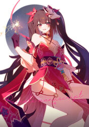Rule 34 | 1girl, absurdres, bare shoulders, bell, black gloves, braided hair rings, commentary request, fireworks, fox mask, gloves, highres, holding fireworks, honkai: star rail, honkai (series), japanese clothes, jingle bell, kimono, legs, long hair, looking at viewer, mask, mask on head, neck bell, o-ring, o-ring thigh strap, obi, open mouth, red eyes, red kimono, red ribbon, ribbon, sash, silence (pixiv18541142), solo, sparkle (honkai: star rail), thigh strap, twintails, very long hair