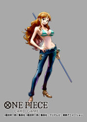 1girl bikini bikini_top_only breasts brown_eyes brown_hair cleavage curvy denim green_bikini grey_background hand_on_own_hip high_heels holding holding_polearm holding_weapon jeans large_breasts long_hair nami_(one_piece) nansui_kinoko navel one_piece one_piece_card_game pants polearm shiny_skin simple_background solo standing swimsuit underboob weapon wide_hips