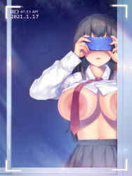 Rule 34 | 1girl, a.x., against glass, areola slip, black hair, blush, breast press, breasts, breasts on glass, breasts out, cellphone, convenient censoring, dated, fingernails, glint, grey skirt, heart, holding, holding phone, large breasts, long fingernails, long hair, navel, necktie, original, parted lips, phone, recording, red necktie, school uniform, skirt, solo, steam, uniform, window