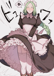 Rule 34 | 1girl, alternate costume, apron, bad id, bad twitter id, black dress, blush, boots, braid, breasts, brown footwear, clothes lift, commentary request, dress, dress lift, enmaided, fire emblem, fire emblem: three houses, frilled apron, frilled dress, frills, garter straps, green eyes, green hair, highres, ikarin, large breasts, long hair, long sleeves, maid, maid headdress, nintendo, nose blush, puffy long sleeves, puffy sleeves, rhea (fire emblem), single braid, solo, spoken squiggle, squiggle, sweat, thighhighs, very long hair, white apron, white thighhighs, wind, wind lift