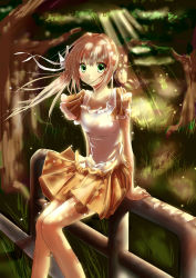 Rule 34 | 1girl, absurdres, bad id, bad pixiv id, clouble, fence, forest, grass, green eyes, highres, light rays, looking at viewer, nature, original, sitting, sitting on object, solo, sunbeam, sunlight, tree