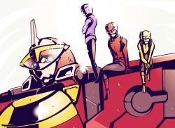 Rule 34 | 1girl, 2boys, bad id, bad pixiv id, belt, blue buster, bodysuit, cb-01 ace, daison, helmet, horns, multiple boys, red buster, single horn, sitting, size difference, super sentai, tokumei sentai go-busters, yellow buster