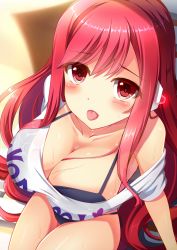 Rule 34 | 1girl, akine (kuroyuri), bikini, bikini under clothes, blush, breasts, cleavage, collarbone, downblouse, female focus, from above, gradient background, highres, large breasts, long hair, rasis, red eyes, red hair, shiny skin, solo, sound voltex, sound voltex ii infinite infection, sparkle, swimsuit, swimsuit under clothes, thighs, tongue, tongue out, very long hair, water, wet, wet clothes
