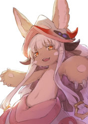 Rule 34 | 1other, :3, :d, ame8desu, animal ears, blunt bangs, body fur, cowboy shot, fangs, furry, hat, highres, looking at viewer, made in abyss, nanachi (made in abyss), navel, open mouth, outstretched arms, pants, sidelocks, simple background, smile, upper body, whiskers, white background, white hair, yellow eyes