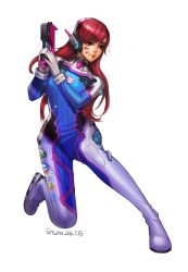 Rule 34 | 1girl, 2016, absurdres, animal print, armor, artist name, bodysuit, boots, bracer, breasts, brown eyes, brown hair, charm (object), d.va (overwatch), dated, facepaint, facial mark, gloves, gun, headphones, highres, holding, holding gun, holding weapon, kneeling, lips, lipstick, long hair, long sleeves, makeup, on one knee, overwatch, overwatch 1, parted lips, pauldrons, pilot suit, rabbit print, ribbed bodysuit, shoulder armor, shoulder pads, shuan (lilgan), simple background, skin tight, solo, swept bangs, thigh boots, thigh strap, thighhighs, turtleneck, weapon, whisker markings, white background, white footwear, white gloves