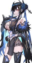 Rule 34 | 1girl, absurdres, asymmetrical horns, bare shoulders, black gloves, black hair, blue hair, breasts, closed mouth, colored inner hair, demon horns, fur trim, gloves, hair bun, hair ornament, highres, hololive, hololive english, horns, large breasts, long hair, looking at viewer, mole, mole under eye, multicolored hair, nerissa ravencroft, nerissa ravencroft (1st costume), pelvic curtain, red eyes, smile, solo, thighs, two-tone hair, uneven horns, virtual youtuber, weyas kayur, white background