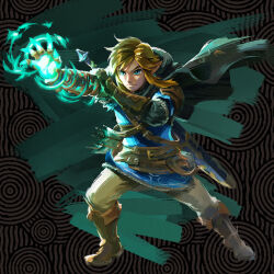 Rule 34 | 1boy, arrow (projectile), blonde hair, blue eyes, bow, cloak, earrings, energy, glowing, glowing hand, holding, jewelry, link, long hair, male focus, master sword, nintendo, official alternate costume, official art, pointy ears, short sleeves, solo, sword, the legend of zelda, the legend of zelda: breath of the wild, the legend of zelda: tears of the kingdom, weapon