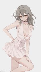 Rule 34 | 1girl, absurdres, alternate costume, bare arms, bare legs, bare shoulders, black choker, breasts, choker, cleavage, commentary, dress, earrings, feint721, grey background, grey hair, hand on own hip, highres, honkai: star rail, honkai (series), jewelry, long hair, looking at viewer, medium breasts, short dress, simple background, solo, standing, stelle (honkai: star rail), symbol-only commentary, thighs, trailblazer (honkai: star rail), white dress, yellow eyes