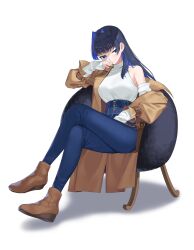 Rule 34 | 1girl, absurdres, bare shoulders, black hair, blue eyes, blue hair, blue pants, blunt bangs, boots, breasts, brown coat, brown footwear, casual, closed mouth, coat, colored inner hair, commentary, crossed legs, denim, detached sleeves, english commentary, full body, hair intakes, high-waist pants, highres, hololive, hololive english, jeans, kam-ja, light smile, long hair, long sleeves, looking at viewer, medium breasts, multicolored hair, off shoulder, on chair, ouro kronii, ouro kronii (casual), pants, shirt, sidelocks, simple background, sitting, sleeveless, sleeveless shirt, sleeves past wrists, solo, turtleneck, turtleneck shirt, virtual youtuber, white background, white shirt, white sleeves