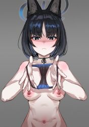 Rule 34 | 1girl, animal ears, black choker, black eyes, black hair, black panties, blue archive, blue halo, bow (bhp), breasts, cat ears, cat girl, chinese commentary, choker, closed mouth, commentary request, completely nude, grey background, halo, holding, holding clothes, holding panties, holding underwear, kikyou (blue archive), medium breasts, navel, nipples, nude, panties, presenting removed panties, ribbon choker, short hair, simple background, solo, underwear