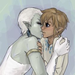 Rule 34 | 2boys, armlet, back, blue eyes, blush, brown hair, colored skin, earrings, closed eyes, ghirahim, gloves, grey skin, jewelry, kiss, link, looking at another, lowres, male focus, multiple boys, nintendo, pointy ears, the legend of zelda, the legend of zelda: skyward sword, upper body, white gloves, white hair, yaoi