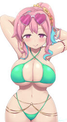 Rule 34 | 1girl, armpits, arms behind head, arms up, bikini, blush, breasts, changing room, cleavage, commentary, earrings, eyewear on head, flower, glint, hair flower, hair ornament, heart, heart-shaped eyewear, highleg, highleg bikini, highres, hoop earrings, hozuki kaede, jewelry, kasai shin, large breasts, licking lips, long hair, looking at viewer, multicolored hair, navel, o-ring, onii-chan wa oshimai!, pink-tinted eyewear, pink eyes, pink hair, pink pupils, side ponytail, signature, simple background, solo, sunglasses, swimsuit, thick thighs, thighs, tinted eyewear, tongue, tongue out, two-tone hair, underboob, white background, wide hips, yellow flower