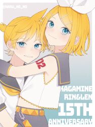Rule 34 | 1boy, 1girl, anniversary, arms around neck, bare shoulders, blonde hair, blue eyes, crop top, detached sleeves, grey sailor collar, grey shorts, hair ornament, hairclip, happy birthday, haru no no, highres, hug, kagamine len, kagamine rin, looking at viewer, looking to the side, midriff, mutual hug, necktie, number tattoo, sailor collar, shirt, short ponytail, short sleeves, shorts, shoulder tattoo, sleeveless, sleeveless shirt, smile, tattoo, vocaloid