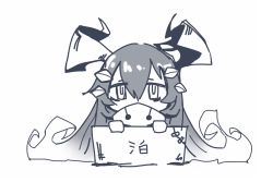 Rule 34 | 10s, 1girl, abyssal ship, anchorage water oni, blue theme, chibi, commentary, covered mouth, deel (rkeg), gradient hair, horns, kantai collection, long hair, looking at viewer, monochrome, multicolored hair, sign, simple background, solo, translation request, very long hair, white background
