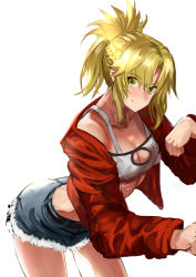 Rule 34 | 1girl, bandeau, blonde hair, blue shorts, braid, breasts, cleavage, closed mouth, collarbone, cutoffs, denim, denim shorts, fate/apocrypha, fate (series), french braid, green eyes, jacket, jikihatiman, leaning forward, long hair, long sleeves, looking at viewer, mordred (fate), mordred (fate/apocrypha), mordred (memories at trifas) (fate), open clothes, open jacket, parted bangs, ponytail, red jacket, short shorts, shorts, sidelocks, simple background, small breasts, smile, solo, thighs, white background