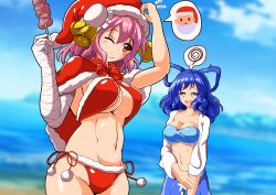 Rule 34 | 2girls, ;), bandaged arm, bandages, bell, bikini, blue bikini, blue sky, blurry, blurry background, breasts, capelet, cleavage, closed mouth, cloud, cowboy shot, food, fur trim, groin, hair rings, hat, highres, holding, holding food, holding own arm, ibaraki kasen, kaku seiga, large breasts, looking at another, multiple girls, navel, nioti, ocean, one eye closed, outdoors, red bikini, red capelet, red eyes, red headwear, santa bikini, santa hat, sky, smile, speech bubble, spoken squiggle, squiggle, standing, swimsuit, touhou