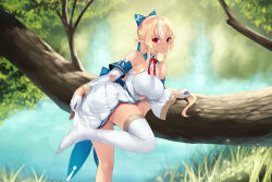 Rule 34 | 1girl, ass, blonde hair, blush, bow, bowtie, breasts, cait aron, chestnut mouth, cleavage cutout, clothing cutout, commentary, criss-cross halter, dark-skinned female, dark skin, day, detached sleeves, elf, forest, gloves, hair bow, half gloves, halterneck, highres, hololive, large breasts, long hair, long sleeves, looking at viewer, multicolored hair, nature, no shoes, open mouth, outdoors, pleated skirt, pointy ears, ponytail, red bow, red bowtie, red eyes, shiranui flare, shiranui flare (1st costume), shirt, skirt, skirt set, solo, streaked hair, thighhighs, tree, virtual youtuber, white gloves, white hair, white shirt, white skirt, white sleeves, white thighhighs, wide sleeves