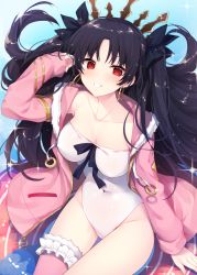 Rule 34 | 1girl, adjusting hair, black bow, black hair, blush, bow, breasts, cleavage, collarbone, covered erect nipples, covered navel, cowboy shot, earrings, fate/grand order, fate (series), fur-trimmed hood, fur trim, fur trimm, grin, hood, hood down, hoodie, hoop earrings, ishtar (fate), ishtar (swimsuit rider) (fate), jewelry, leotard, long hair, long sleeves, looking at viewer, medium breasts, miko (royal milk), open clothes, open hoodie, outdoors, parted bangs, pink hoodie, pink thighhighs, red eyes, see-through, single thighhigh, sitting, smile, solo, thighhighs, tiara, two side up, white leotard
