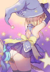 Rule 34 | 1girl, armpits, arms up, ass, back, bare shoulders, blonde hair, blue dress, blue gloves, blurry, blush, braid, breasts, broom, broom riding, detached sleeves, dress, elbow gloves, facing away, from behind, gloves, hands on headwear, hat, ichii yui, looking back, multicolored background, panties, pantyshot, ribbon, sideboob, skirt, solo, star (symbol), starry background, tatsunokosso, thighhighs, twin braids, underwear, white panties, witch, witch hat, yellow eyes, yellow ribbon, yuyushiki