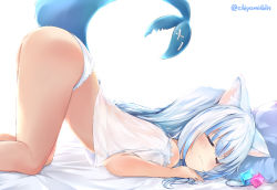 Rule 34 | 1girl, :3, animal ear fluff, animal ears, ass, blue hair, blush, cat ears, chiyami, commentary request, feet out of frame, fins, fish tail, gawr gura, hair ornament, hololive, hololive english, long hair, panties, shark tail, shirt, sleeping, solo, tail, top-down bottom-up, twitter username, underwear, unworn hair ornament, virtual youtuber, white panties, white shirt
