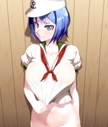 Rule 34 | 1girl, anchor symbol, bare arms, blue eyes, blue hair, bottomless, breasts, closed mouth, collarbone, cookie (touhou), cowboy shot, hat, highres, large breasts, looking at viewer, milk (cookie), murasa minamitsu, navel, neckerchief, necktie, nipples, puffy short sleeves, puffy sleeves, red neckwear, sailor hat, see-through, shirt tug, short sleeves, sinzen, solo, standing, sweat, touhou
