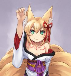 Rule 34 | 1girl, animal ear fluff, animal ears, arm up, bare shoulders, blonde hair, chest tattoo, closed mouth, commentary, english commentary, eyeliner, fox ears, fox tail, green eyes, hair ornament, hair ribbon, highres, japanese clothes, kitsune, kuron hakaisha, long hair, long sleeves, looking at viewer, makeup, mon-musu quest!, monster girl, multiple tails, ribbon, sash, simple background, slit pupils, smile, solo, tail, tamamo (mon-musu quest!), tattoo, tomoe (symbol), wide sleeves