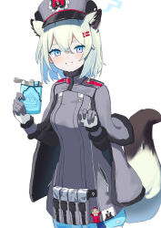 Rule 34 | 1girl, absurdres, animal ears, blue archive, blush, cape, cowboy shot, fur-trimmed cape, fur-trimmed gloves, fur trim, gloves, green hair, grey cape, grey gloves, grey headwear, grin, hair ornament, hairclip, halo, haruumi301, highres, hip flask, holding, long sleeves, looking at viewer, pink eyes, pouch, shigure (blue archive), short hair, simple background, smile, solo, tail, two-tone gloves, white background, white gloves