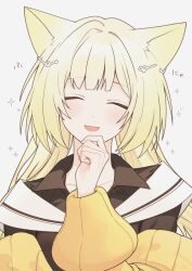 Rule 34 | 1girl, absurdres, animal ears, arknights, blonde hair, cat ears, closed eyes, commentary request, facing viewer, hair ornament, hand on own chin, highres, light blush, long hair, long sleeves, nightmare (arknights), open mouth, simple background, solo, sparkle, suika aji, translation request, upper body, white background