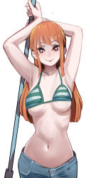 Rule 34 | 1girl, absurdres, armpits, arms up, bikini, bikini top only, breasts, brown eyes, cleavage, denim, earrings, green bikini, groin, highres, holding, holding staff, jeans, jewelry, large breasts, long hair, looking at viewer, nami (one piece), navel, one piece, orange hair, pants, sho-n-d, sidelocks, simple background, smile, staff, swimsuit, underboob, white background