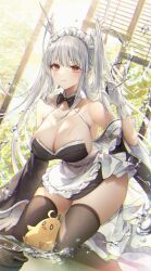 Rule 34 | 1girl, apron, armpits, azur lane, bare shoulders, bird, black dress, black thighhighs, blurry, bow, bowtie, breasts, chick, chromatic aberration, cleavage, closed mouth, depth of field, detached sleeves, dragon horns, dress, gloves, halterneck, hand up, highres, horns, kneeling, large breasts, long hair, looking at viewer, maid, maid apron, maid headdress, manjuu (azur lane), no bra, no shoes, off shoulder, official alternate costume, ozzingo, red eyes, shimanto (azur lane), shimanto (the comfy dragon god) (azur lane), short dress, skindentation, sleeveless, sleeveless dress, smile, solo, thighhighs, thighs, twintails, very long hair, waist apron, water, wet, white gloves, white hair, wide sleeves, wing collar, zettai ryouiki
