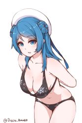 Rule 34 | 1girl, :o, adjusting clothes, arms behind back, bikini, black bikini, blue eyes, blue hair, blush, breasts, commentary, disco brando, double bun, floral print, hair bun, hat, highres, kantai collection, large breasts, leaning forward, looking at viewer, navel, parted lips, simple background, solo, swimsuit, twitter username, urakaze (kancolle), white background, white hat