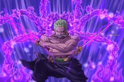 Rule 34 | 1boy, abs, absurdres, artist name, commentary, earrings, english commentary, green hair, highres, holding, holding sword, holding weapon, instagram logo, jewelry, katana, male focus, mouth hold, one eye closed, one piece, roronoa zoro, scar, scar across eye, scar on chest, scar on face, short hair, single earring, solo, sword, topless male, triple wielding, twitter logo, weapon, wodencreativ